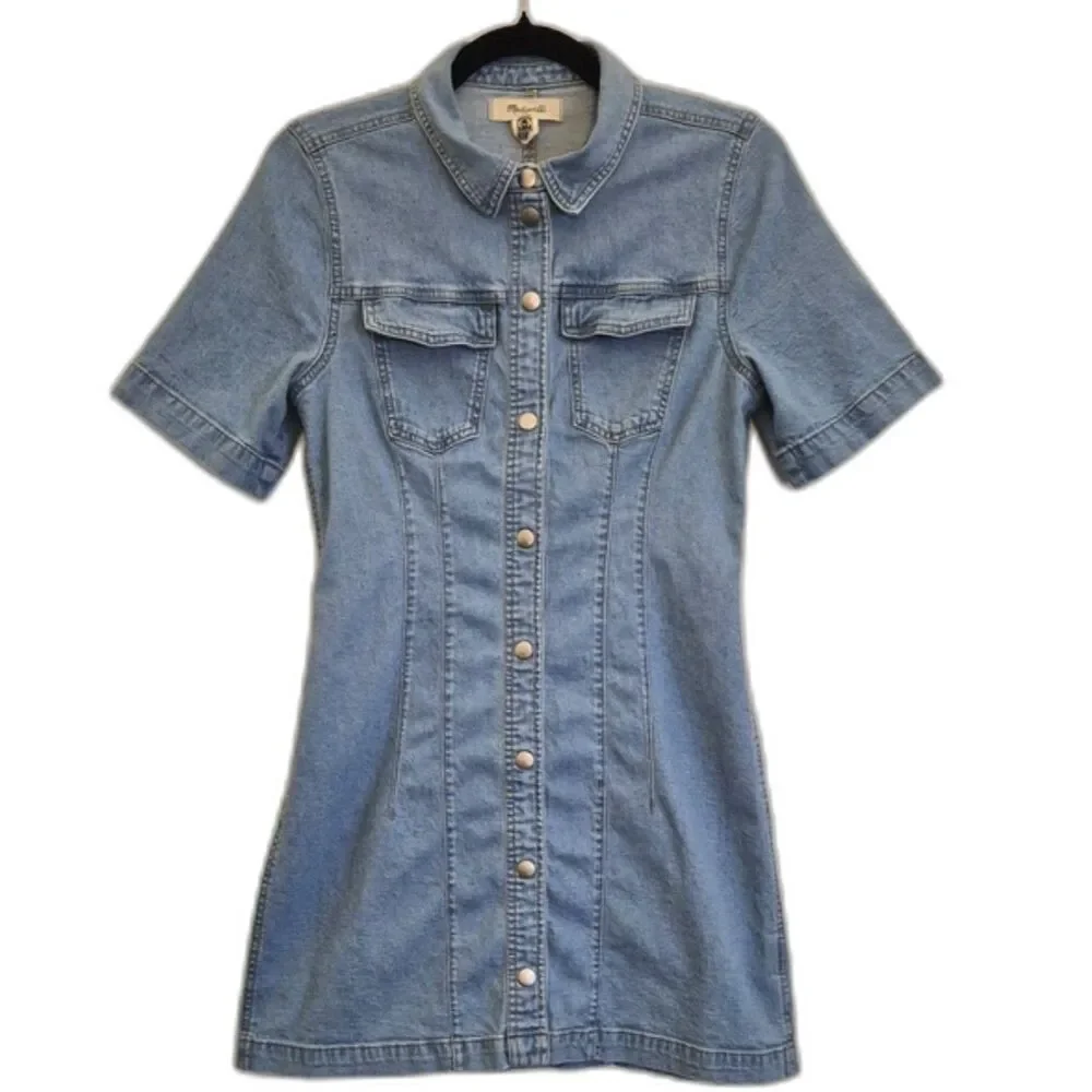 Madewell Denim Mini Dress S Snap Front Hemp Blend Short Sleeve Light Wash Casual - Picture 10 of 11